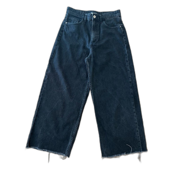 Zara High Rise Washed Black Culotte Jeans Raw Hem Wide Leg Rigid Denim Sz 6 - Picture 3 of 7